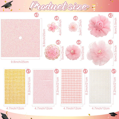 Wavwavw 58 Pcs DIY Graduation Cap Decorations Kit Grad Cap Decor Included Faux Flowers Bow Mesh 3D Butterfly Stickers, Adhesive Rhinestones, Glitter Letter Stickers, for 2026 Grad Party(Pink)