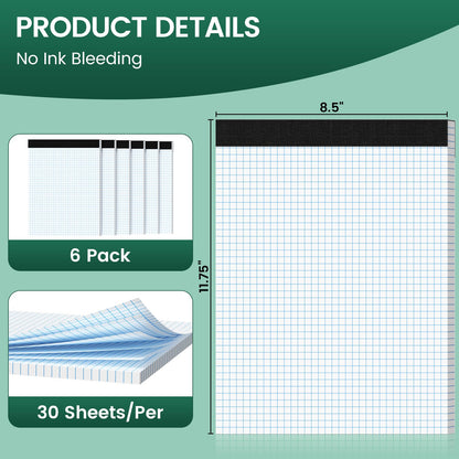Ciphyfee Graph Paper 8.5 X 11, 6 Pack, 4x4 Quad Ruled, Grid Paper Pad 8-1/2" X 11", Grid Pad 8.5 X 11.75, Engineering Notebook, Easy Tears Off, White 70 Gsm Graft Paper