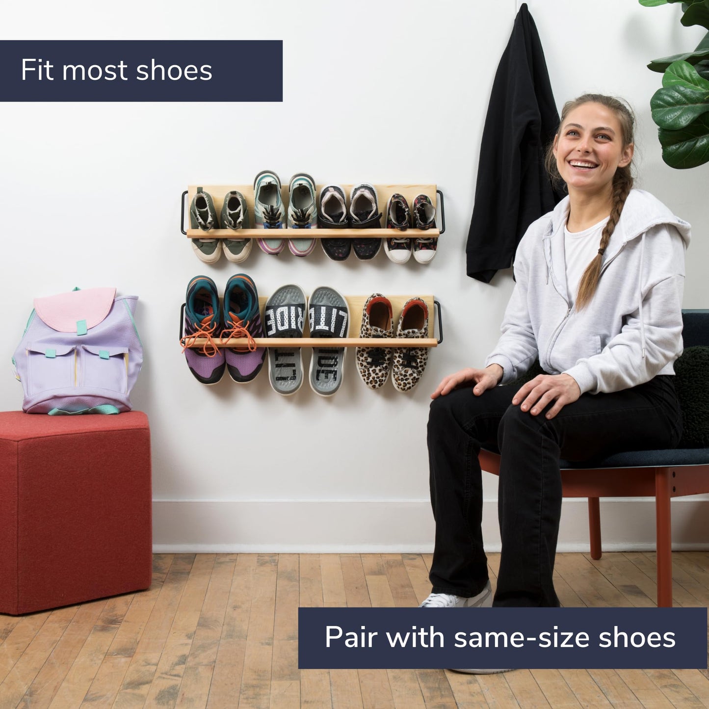 PeachyModern Wall Mounted Shoe Rack - A Wooden, Modern, Slim, and Small Shoe Storage Solution for Shoes and Boots in Narrow Spaces, entryways, or hallways. (30-in-Wide, Pack of 2)