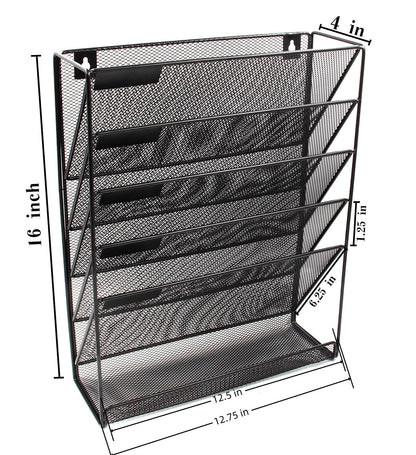 EasyPAG 5 Tier Wall File Holder, Mesh Hanging Folder Organizer with Classify Label, Versatile Desk File Holder, Vertical Wall Mounted Mail Organizer for Office Home Cubicle, Black