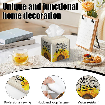 2 Pack Sunflower Sunshine Tissue Box Cover Square Wooden Board Texture PU Leather Tissue Box Holder Waterproof Facial Paper Organizer Dispenser for Bathroom Kitchen Home Office Car