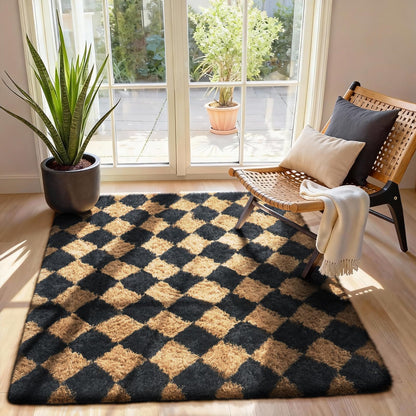 Ophanie Black & Beige Diamond Checkered Rugs for Living Room Bedroom,Rhombus Fluffy Soft Cute Fuzzy Area Rug,Plush Shaggy Bedside Floor 4x6 Furry Carpet Kids Dorm Decor with Over 99 pcs Pile fibers