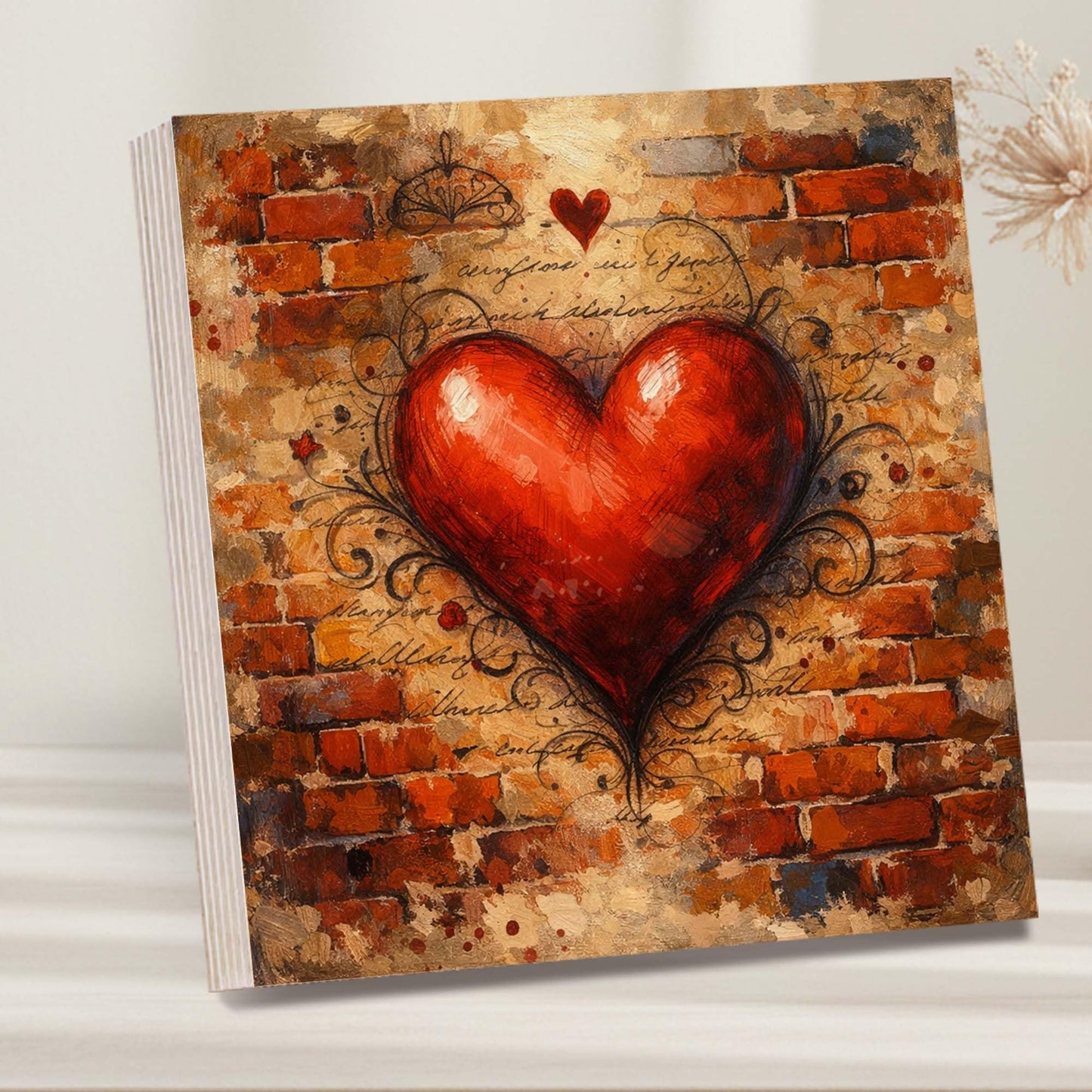 Heart Wooden Block Sign, Romantic Urban Art Wood Decor, Love Inspired Shelf Sitter Home Table Mantel Tiered Tray Accent, Meaningful Gift for Couple