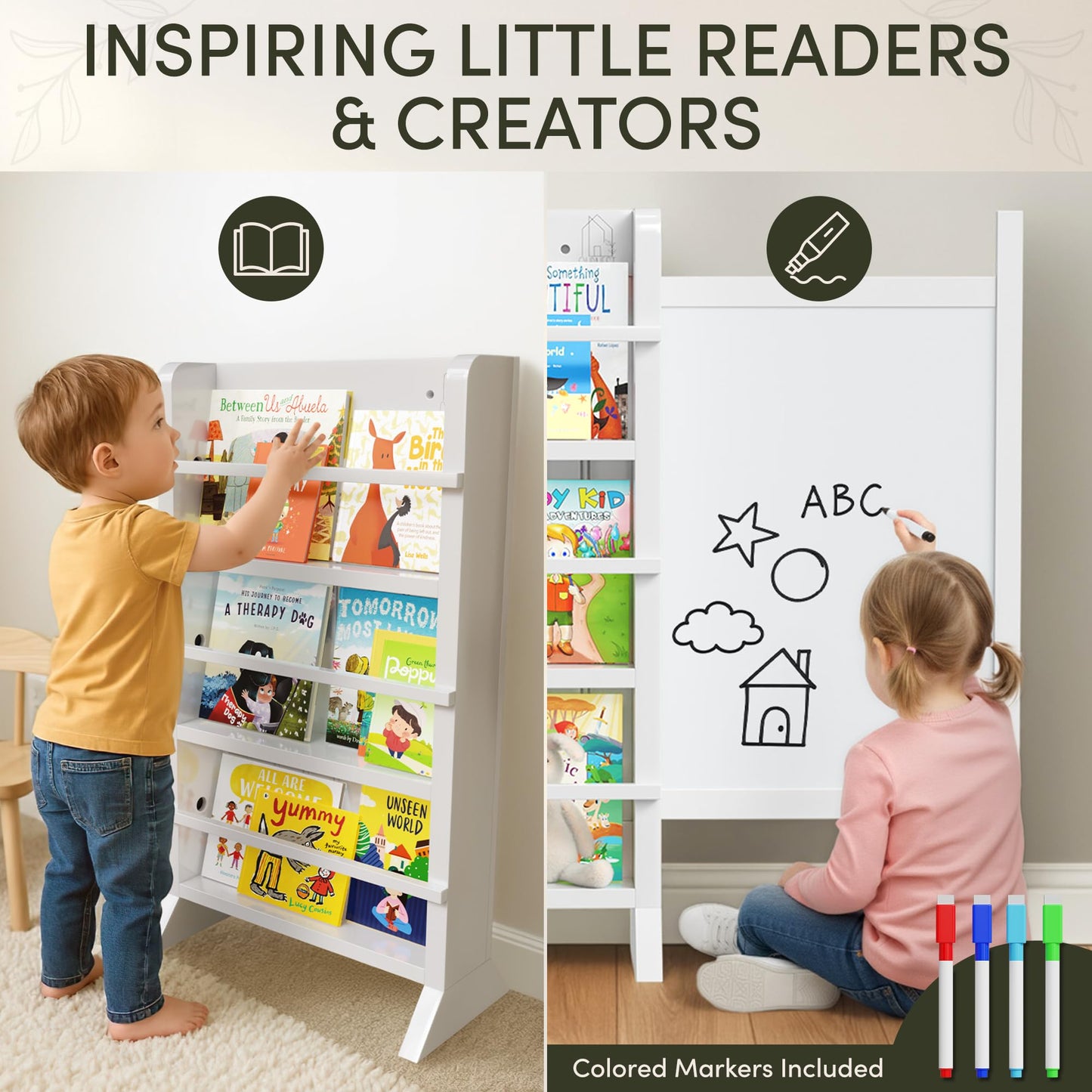 OurNest Kids/Baby Bookshelf Magnetic Sliding Whiteboard & Markers H-31–Three Tier Front-Facing Wooden Toddler for Reading, Creativity & Montessori–Nursery, Playroom & Classroom– Easy Assembly.