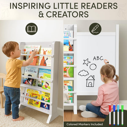 OurNest Kids/Baby Bookshelf Magnetic Sliding Whiteboard & Markers H-31–Three Tier Front-Facing Wooden Toddler for Reading, Creativity & Montessori–Nursery, Playroom & Classroom– Easy Assembly.