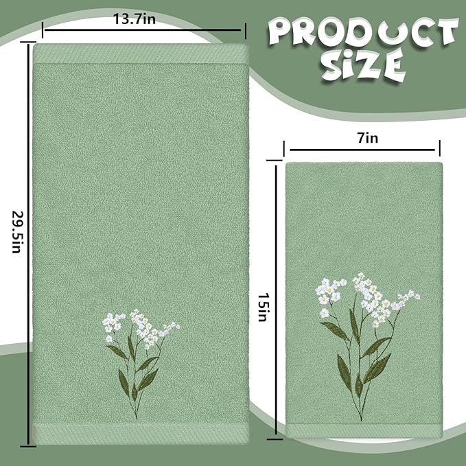 3Pcs Sage Green Hand Towels 29.5 x 13.7 Inch Gradient Green Floral Embroidered