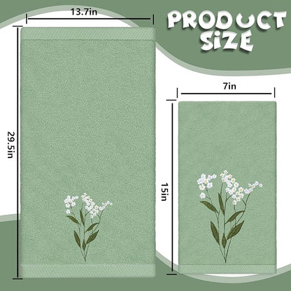 3Pcs Sage Green Hand Towels 29.5 x 13.7 Inch Gradient Green Floral Embroidered