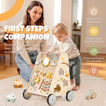 Pithfor Wooden Baby Push Walker, Baby Walker with Activity Center for Girls Boys, Montessori Sensory Push Toys for Babies Learning to Walk & Sit-to-Stand