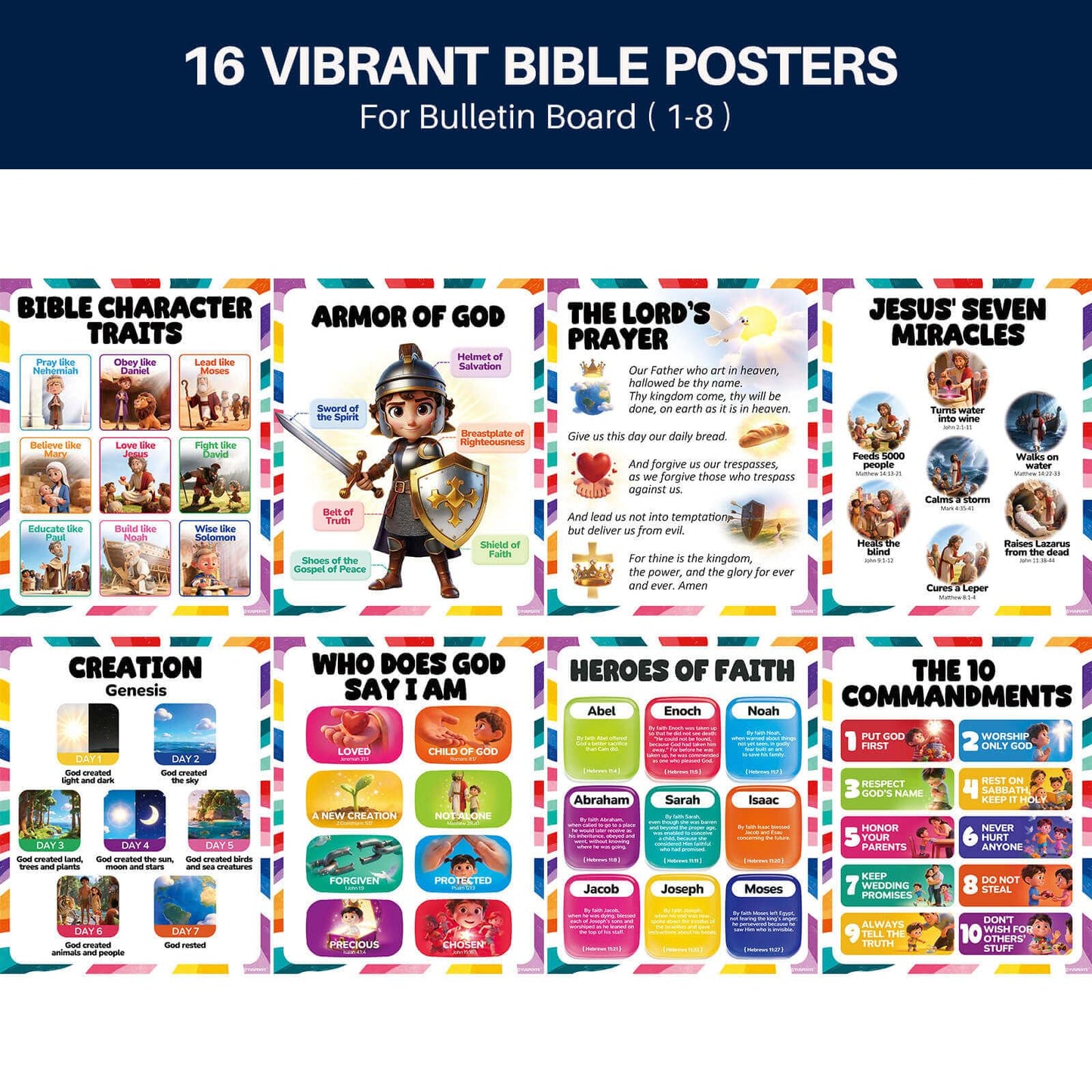 16pcs Bible Posters for Kids, 11x14in Sunday School Decorations for Classroom, Laminated Christian Wall Art with Glue Dots, Waterproof Books of the Bible Scripture Educational Prints for Homeschool