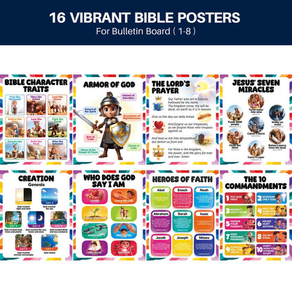 16pcs Bible Posters for Kids, 11x14in Sunday School Decorations for Classroom, Laminated Christian Wall Art with Glue Dots, Waterproof Books of the Bible Scripture Educational Prints for Homeschool