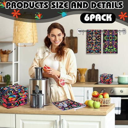 Breling Set of 6 Mexican Kitchen Towels Colorful Flowers Mexican Themed Dish