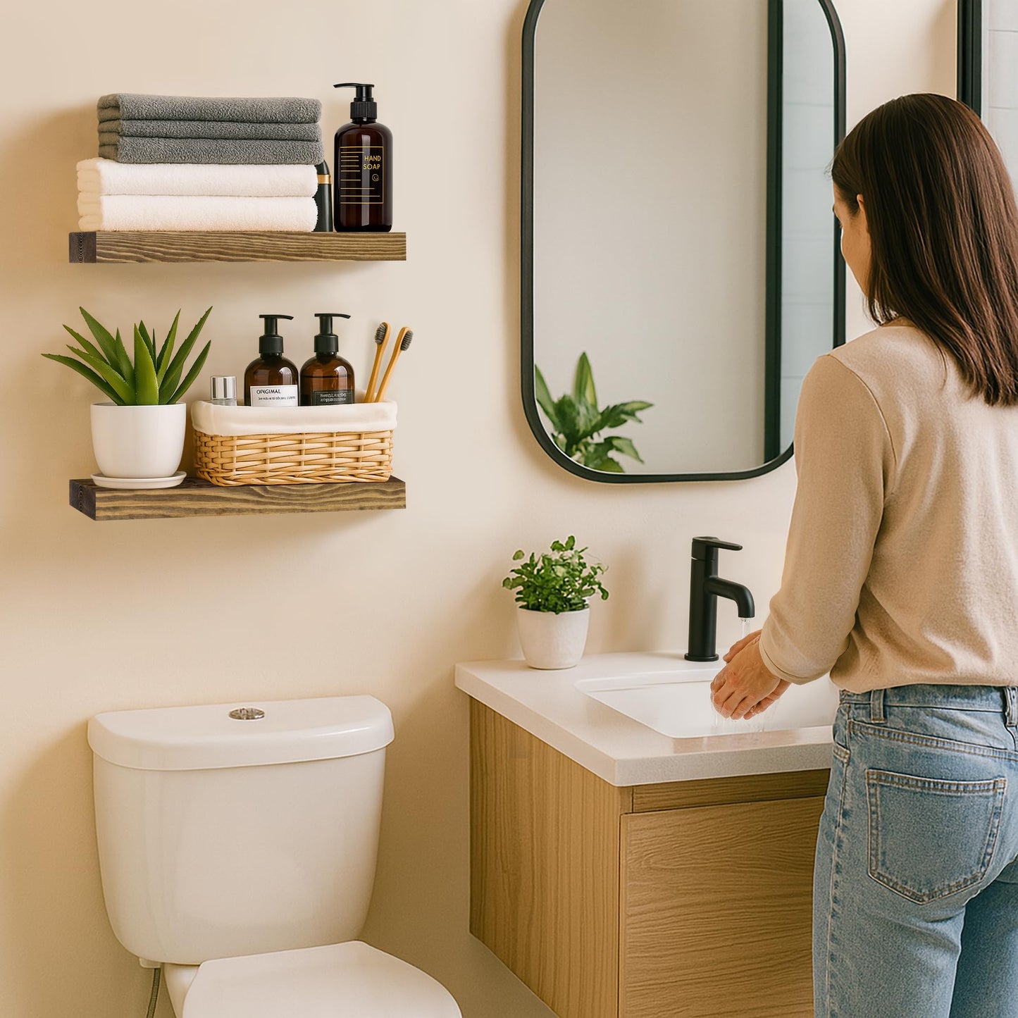 BGMG Wood Floating Shelves for Wall 18 inch Set of 2, Rustic Wooden Wall Mount Shelves for Bathroom Living Room Bedroom Kitchen Farmhouse -18x 6.7 x1.25 inch- Walnut Color