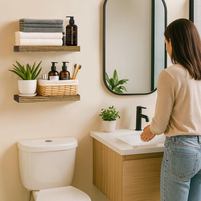 BGMG Wood Floating Shelves for Wall 18 inch Set of 2, Rustic Wooden Wall Mount Shelves for Bathroom Living Room Bedroom Kitchen Farmhouse -18x 6.7 x1.25 inch- Walnut Color