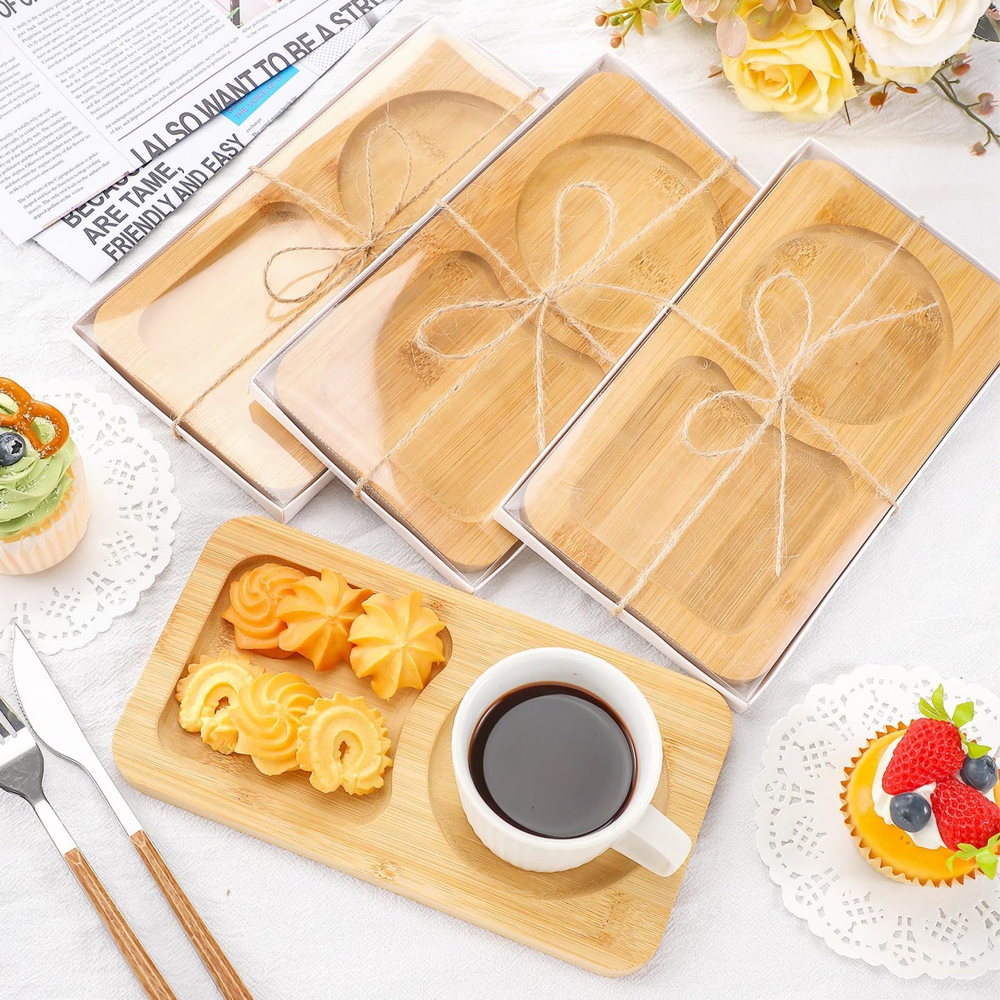 Beeveer 6 Pcs Bridal Shower Gift for Guests Wood Individual Tray Coffee Cake Serving Tray Wooden Platter Charcuterie Cutting Board Plate for Tea Coffee Fruit Food Housewarming Wedding Gift(Classic)