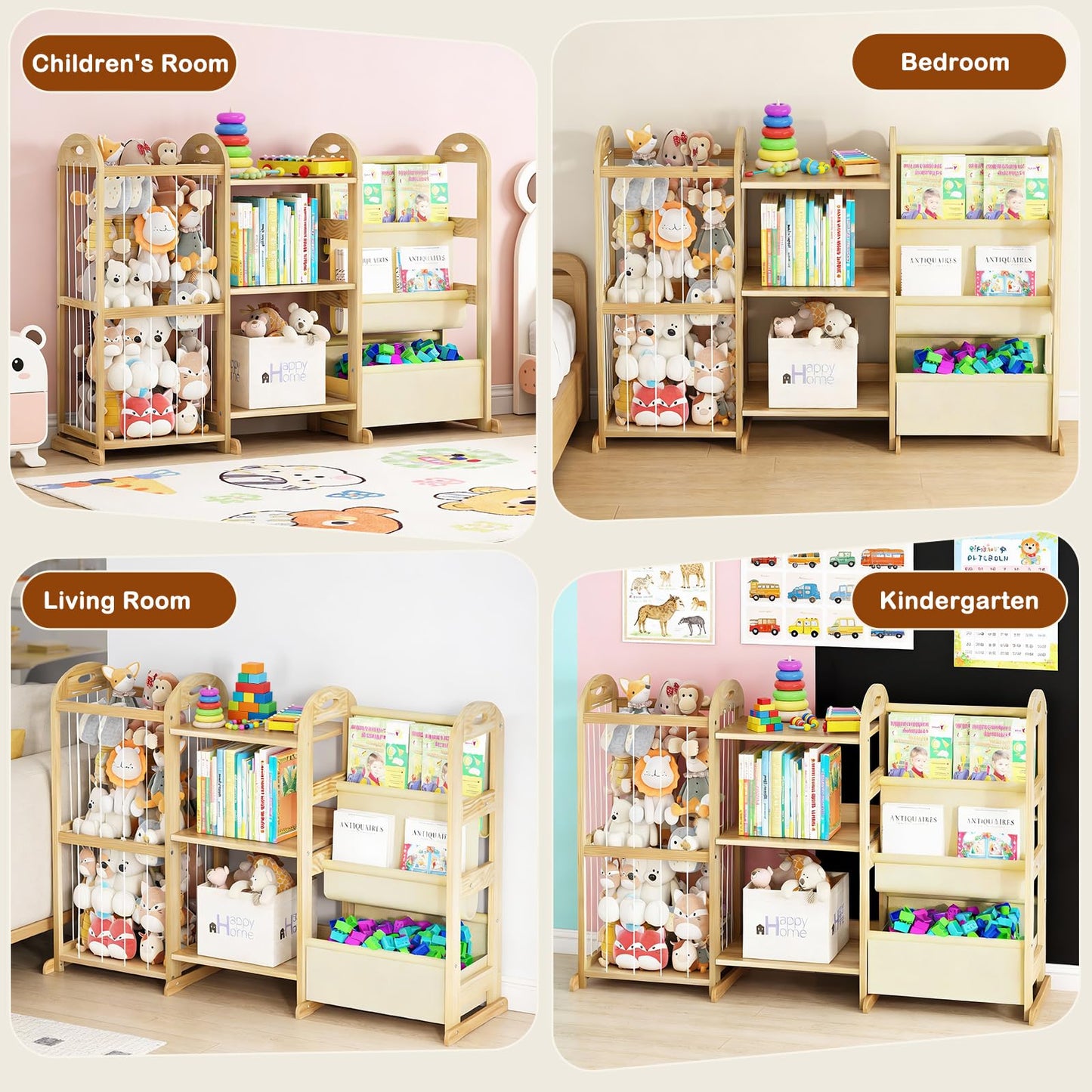 Orekemo Kids Bookshelf and Toy Storage Organizer, 3-Tier Book Shelf with Stuffed Animal Storage, Kids Toy Book Storage for Bedroom Playroom, Wooden Toy Organizer with 3 Shelves, 49.4" W