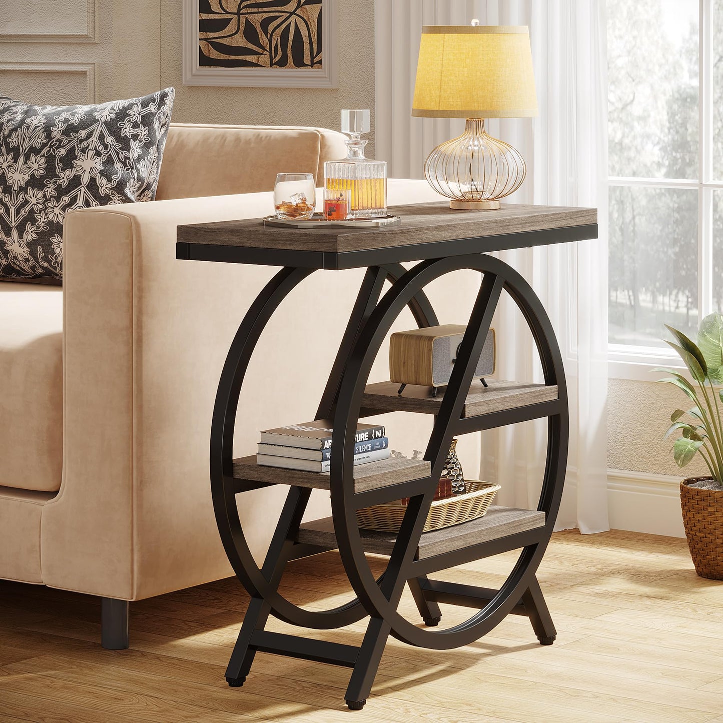 LITTLE TREE End Table, Narrow Side Table with 4-Tier Large Storage Space, Modern Bedside Table for Living Room, Home Office, Bedroom, Grey
