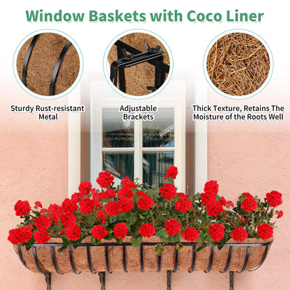 Tessco for you 4 Pack 48 Inch Window Baskets with Coconut Liner 4 Adjustable Flower Brackets Window Deck Planters Boxes Railing Planter Metal Hanging Flower Planter for Indoor Outdoor Lawn