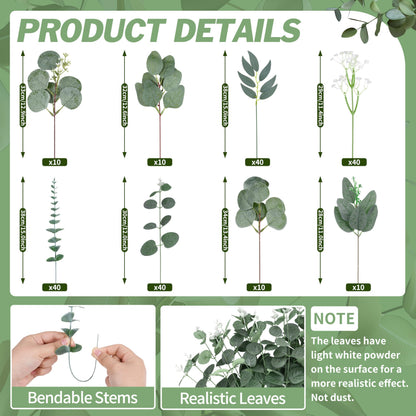 200 Pcs 8 Kinds Mixed Artificial Eucalyptus Stems Bulk Fake Silver Dollar Eucalyptus White Seeds Stems Bundle Faux Plants Greenery for DIY Bouquets Floral Arrangement Wedding Engagement Party Decor