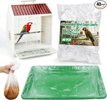 RAINFLOW Disposable Bird Cage Liner - 40PCS Elastic Plastic Small Animal Cage Liners Waterproof Easy to Clean Leakproof for Portable Birdcage Litter Box Liners for Parakeet Hedgehog Hamster (14x9.8in)