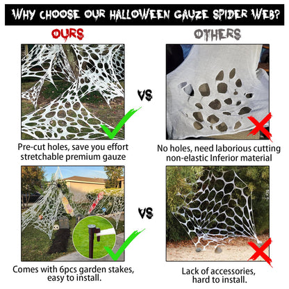 CESOF Giant Beef Netting Spider Web Halloween Decorations, Pre-Cut Spiderwebs Super Stretchy DIY Spider Webbing with Stakes, Gauze Cobwebs for Haunted House Yard Garden Party Outdoor Decor(1)
