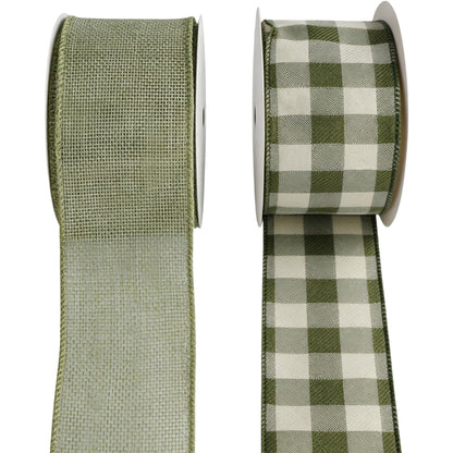 Meseey 2.5 Inch Green Burlap Wired Ribbon Set, 2 Rolls Total 10 Yards Solid Sage Green & Green White Buffalo Check Wired Edge Ribbons for Gift Wrapping, Wreaths, Crafts, Farmhouse Home Decorations