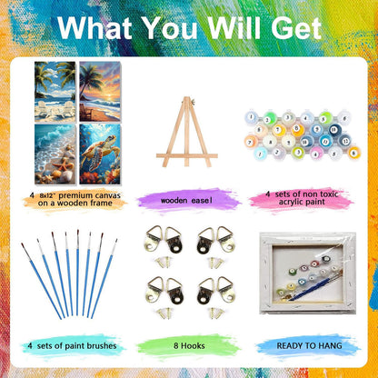 4 Pack Paint by Numbers for Adults with Framed Canvas - with Wooden Easel, Beach Paint by Number on Canvas, DIY Sea Turtle Acrylic Oil Painting Kits with Brushes for Home Wall Decor (8x12 inch)