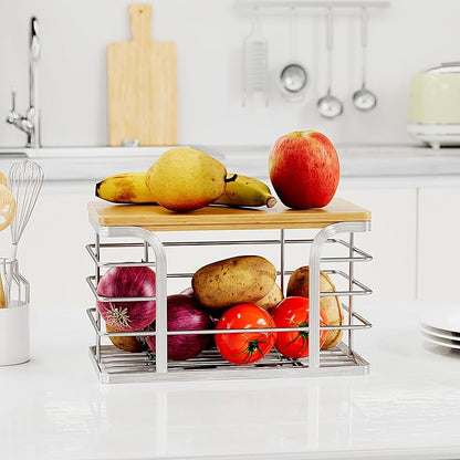 Trash Bag Holder with Bamboo Top, Wall Mount 304 Stainless Steel Garbage Bag