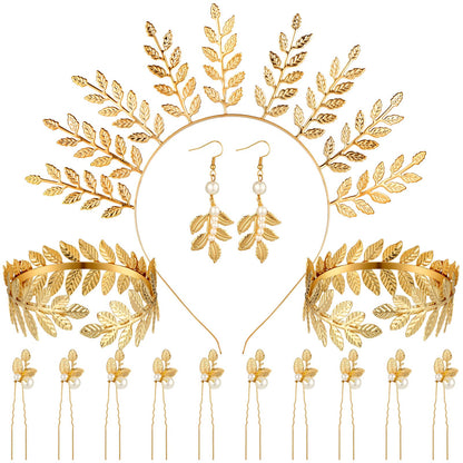WILLBOND 15 Pieces Greek Goddess Headpiece Toga Accessories Women Golden Leaves Bridal Crown Headband Greek Goddess Wedding Headpiece Hair Accessories Bracelet Earrings Hair Pins(Elegant Style)