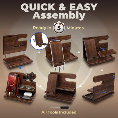 TESLYAR Wood Phone Docking Station for Men - Desktop or Nightstand Organizer - Birthday Gifts for Men, Dad - Anniversary Idea from Wife - Key Holder, Stand Wallet, Watch & Essentials (Bourbon Brown)