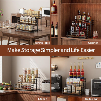 Nuovoware Coffee Syrup Organizer, 3-Tier 12 Bottles Bar Organizer, Separable Metal Rack with Wooden Base Whiskey Wine Dressing for Countertop Kitchen Coffee Bar, Black
