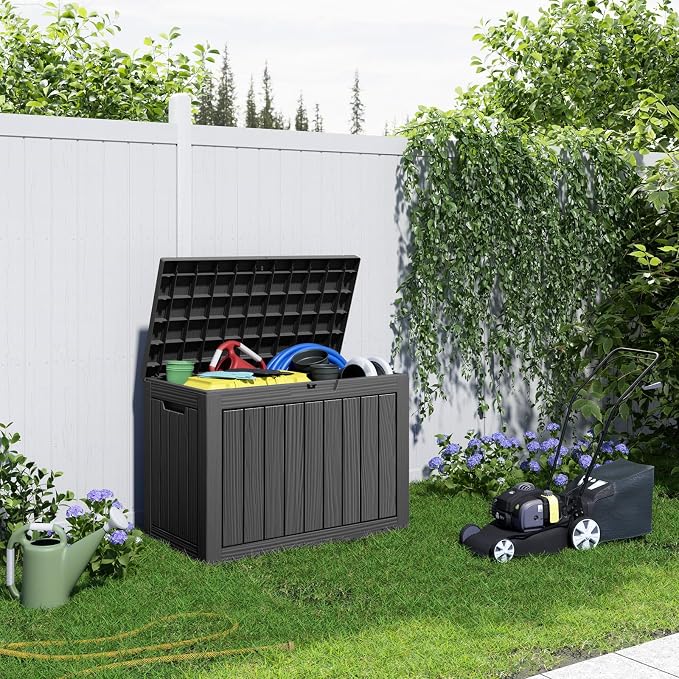 Vixzen 45 Gallon Waterproof Large Deck Box, Lockable Resin Outdoor Storage Box with Hydraulic Lid, Durable Storage Bin for Patio Furniture Cushions, Garden Tools, Pool Accessories, Balck