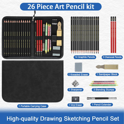 Heshengping, Sketching and Drawing Pencils Set 26pcs, Art Supplies Drawing pencil Kit,Graphite Charcoal Professional Pencils Set, Adults Beginners Artist