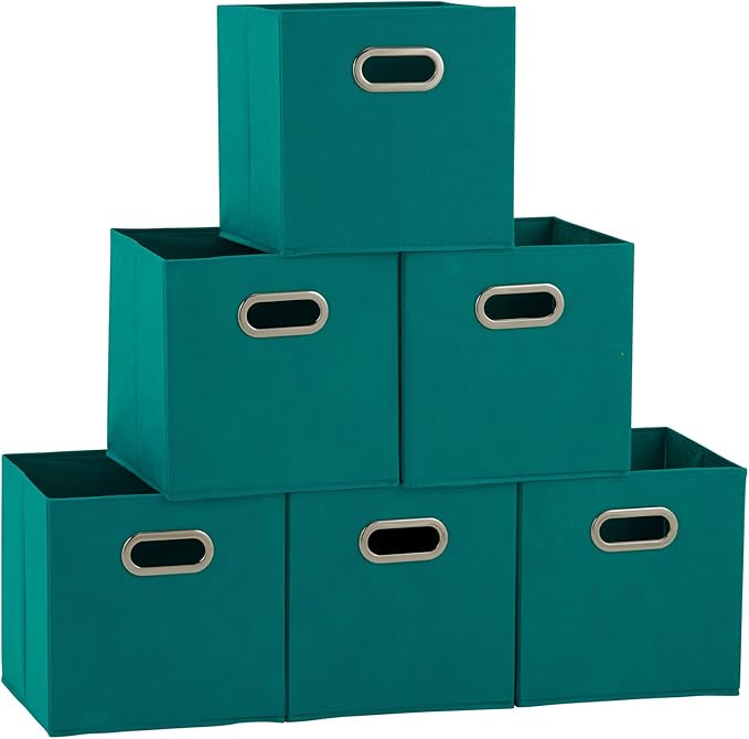 Household Essentials Fabric Storage Bins in Strong Poly‑Woven Fabric, Sturdy Chipboard Sides, Grommet Front Handle, Teal Green, Set of 6