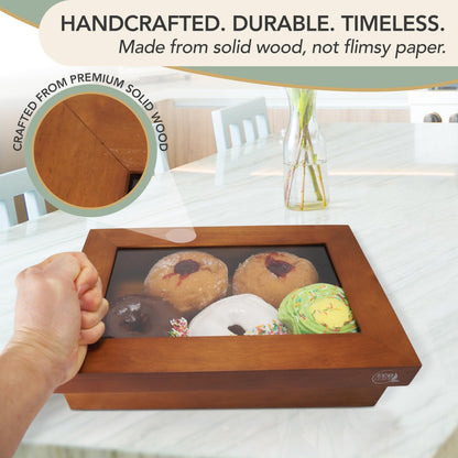 EcoLeafy Dot Wooden Bakery Box with Window - 12x8x2.5 Inches– Treat Boxes for Pastry, Desserts, Donuts, Muffins or Baked Goods- Comes with Reusable Canvas Bag-Ideal Baker Gifts for Women
