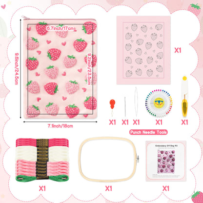Fiupan All-in-One Strawberry Embroidery Kit - DIY Craft Kit with Thread, Fabric & Needles, Pink Embroidery Pouch for Tablet E-Reader Sleeve, Creative Birthday Gifts for Beginners（7-8 Inch）