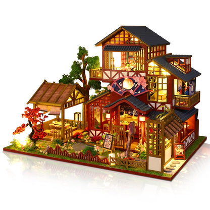 Hallisun DIY Miniature House Building Kits, Japanese Restaurant and Siti Mocha House 3D Wooden Dollhouse Toys, Birthday Festival Gift for Teens Adults with Dustproof Covers