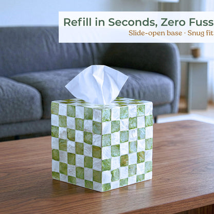 5.7" Square Tissue Box Cover for Kleenex and More, Handmade Green & White Checkered Capiz Shell Tissue Holder, Decorative Cube Tissue Box Cover for Bathroom, Living Room, Bedroom or Office (Natural)