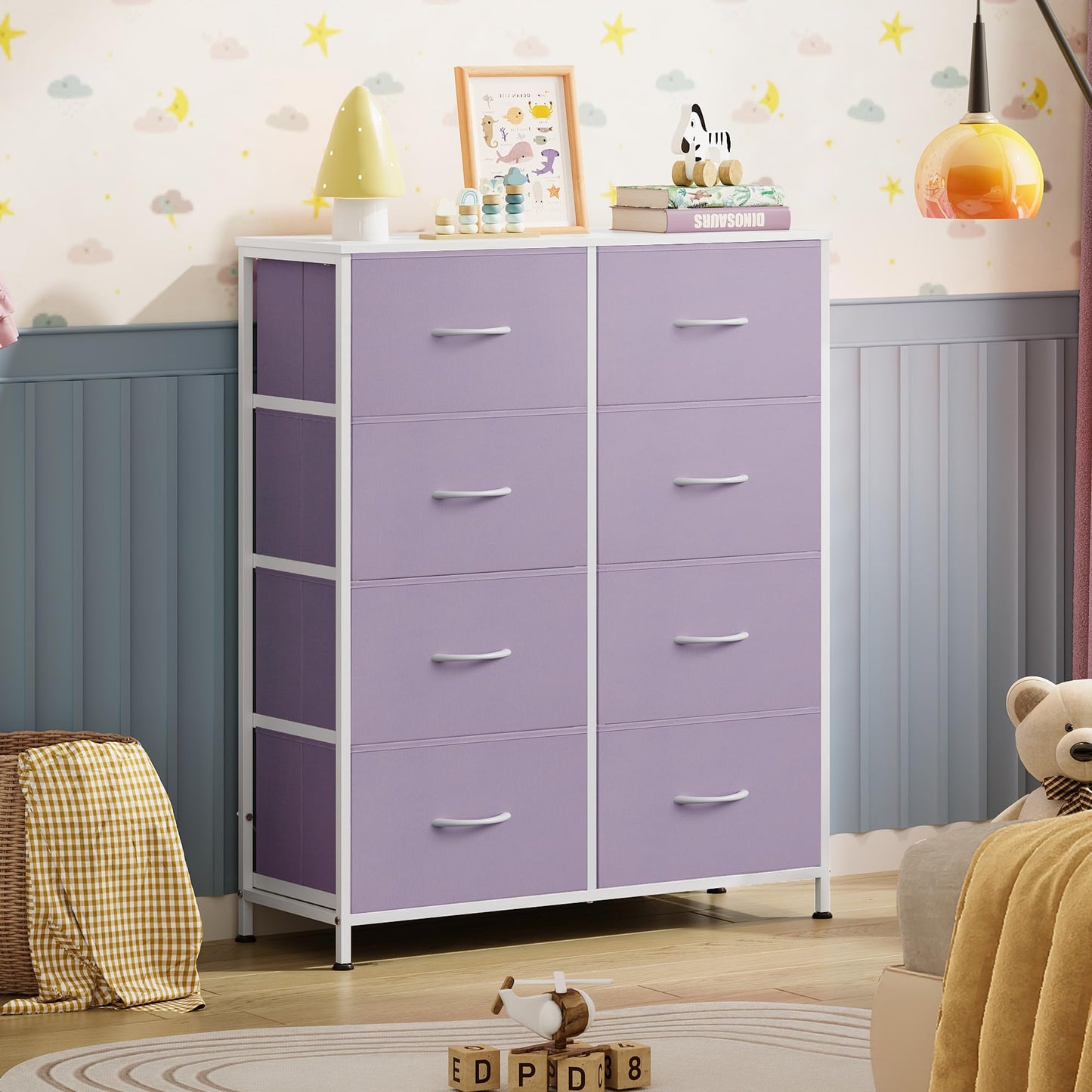 WLIVE Fabric Dresser for Bedroom, Tall Dresser with 8 Drawers, Storage Tower with Fabric Bins, Double Dresser, Chest of Drawers for Closet, Playroom, Dormitory, Purple