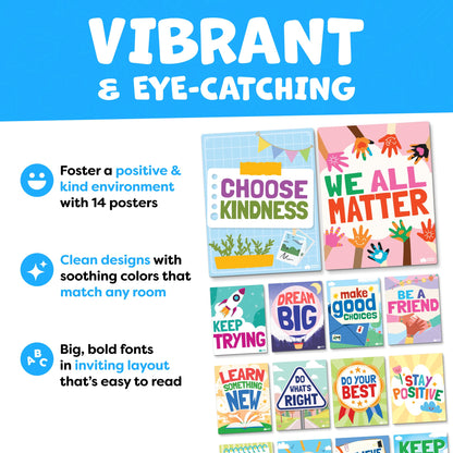 Motivational Posters for Classroom - 14pc Positive Inspirational Posters for Classroom Elementary Middle School High School - Positive Affirmation Wall Decor, Motivational Bulletin Board Decorations