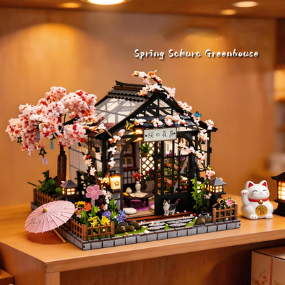Ahilmrn DIY Miniature Dollhouse Kit Tiny 3D Wooden Puzzle Japanese Sakura Flower House with Furniture LED Light Creative Craft Gift for Adults Home Decor