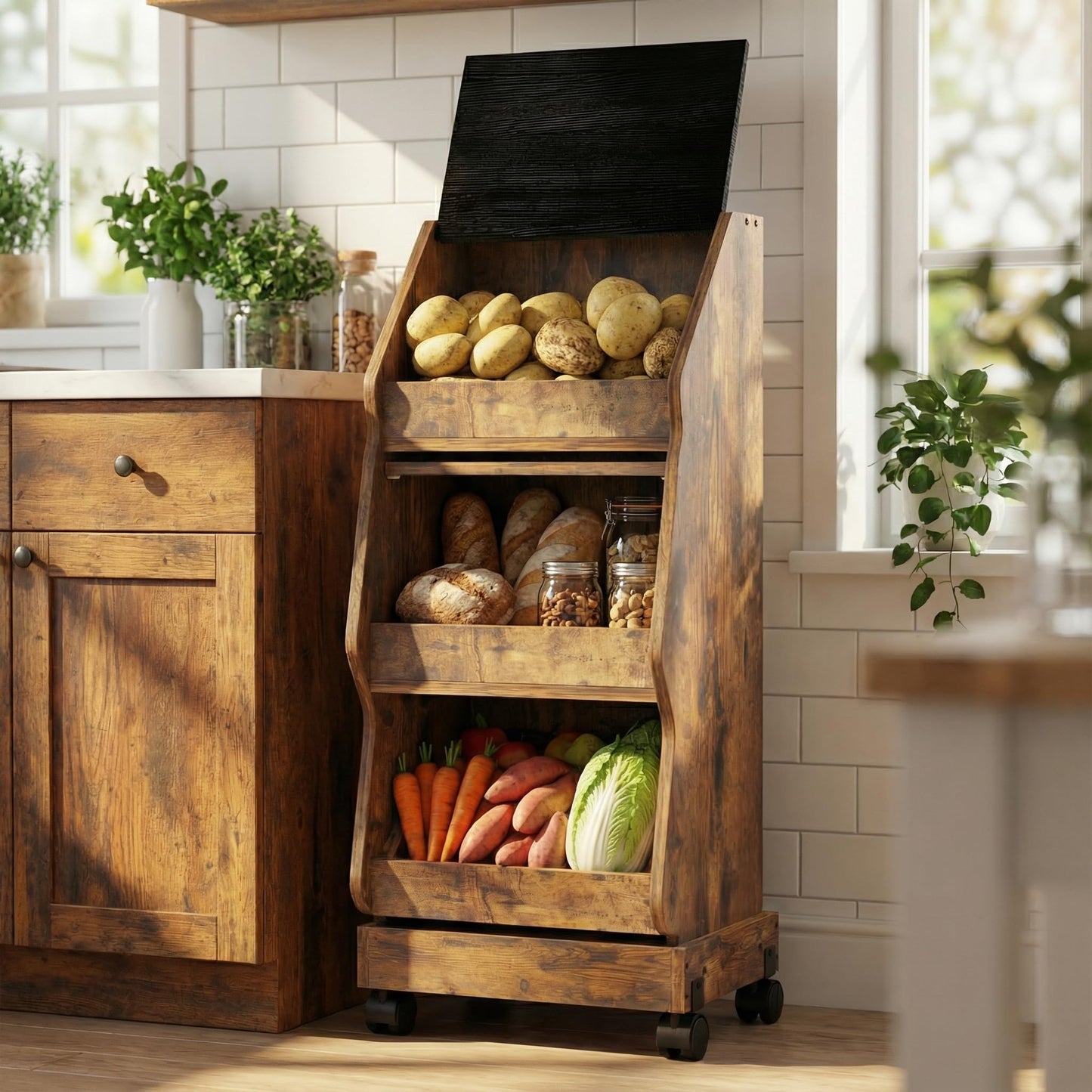 ARTETHYS Potato Storage Bin Movable Bread Box with Lid Rustic and Wheels Onion Organizer with Grocery Section Decorative Vegetable Organization Cabinet for Kitchen