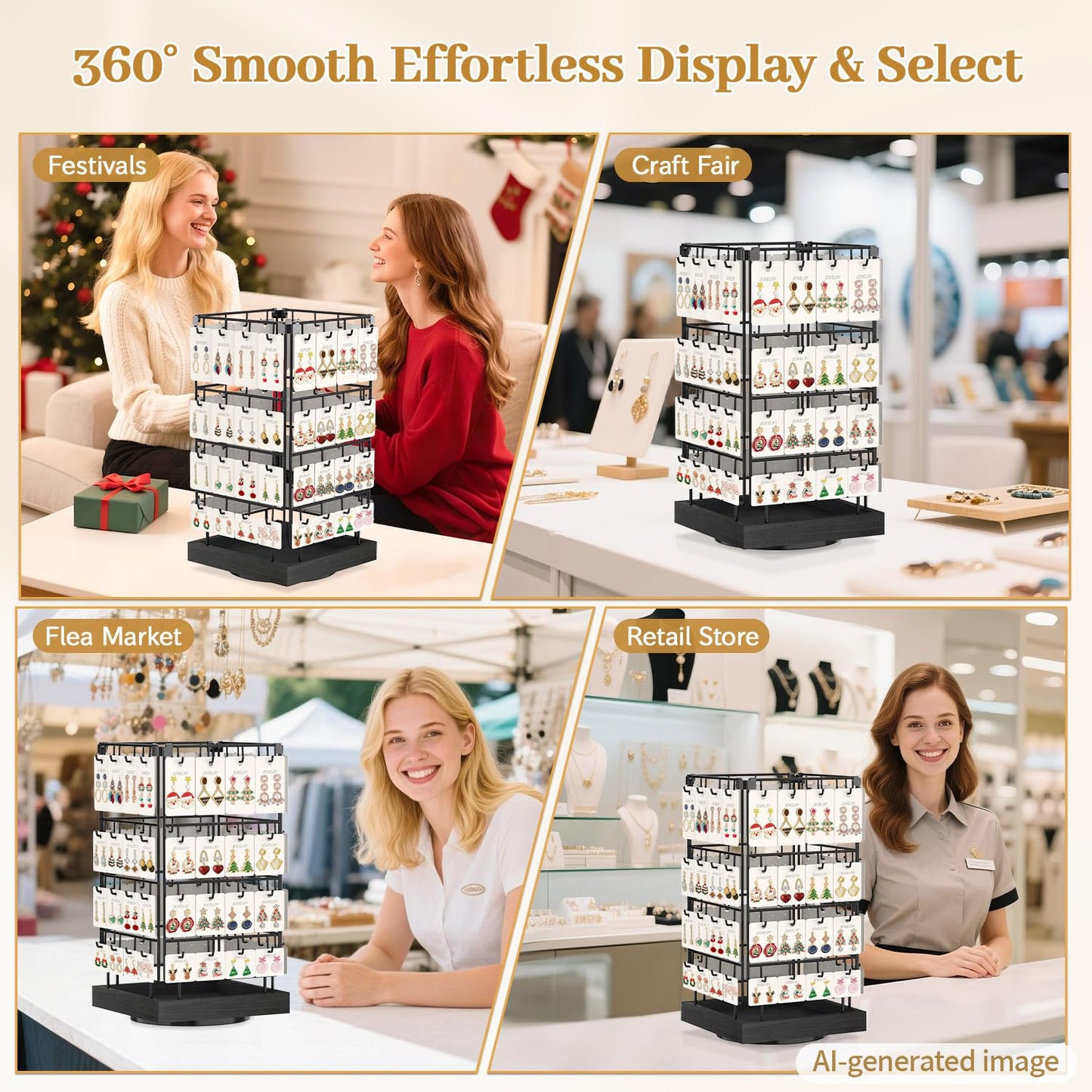 MODOWEY 360 Rotating Earring Cards Organizer Holder Stands for Selling Vendors, 64 Hooks Jewelry Display Tree, Large Capacity Storage Wood Rack Tower Women Dresser Stud Pierced, Brown