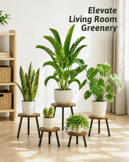 GENTINGBRO 5 Pack Wood Plant Stands Indoor, Round Plant Stool Set with Iron Legs, Heavy Duty Plant Stand Table, Wood and Metal Flower Pot Stand for Living Room, Bedroom, Balcony, Brown/Black