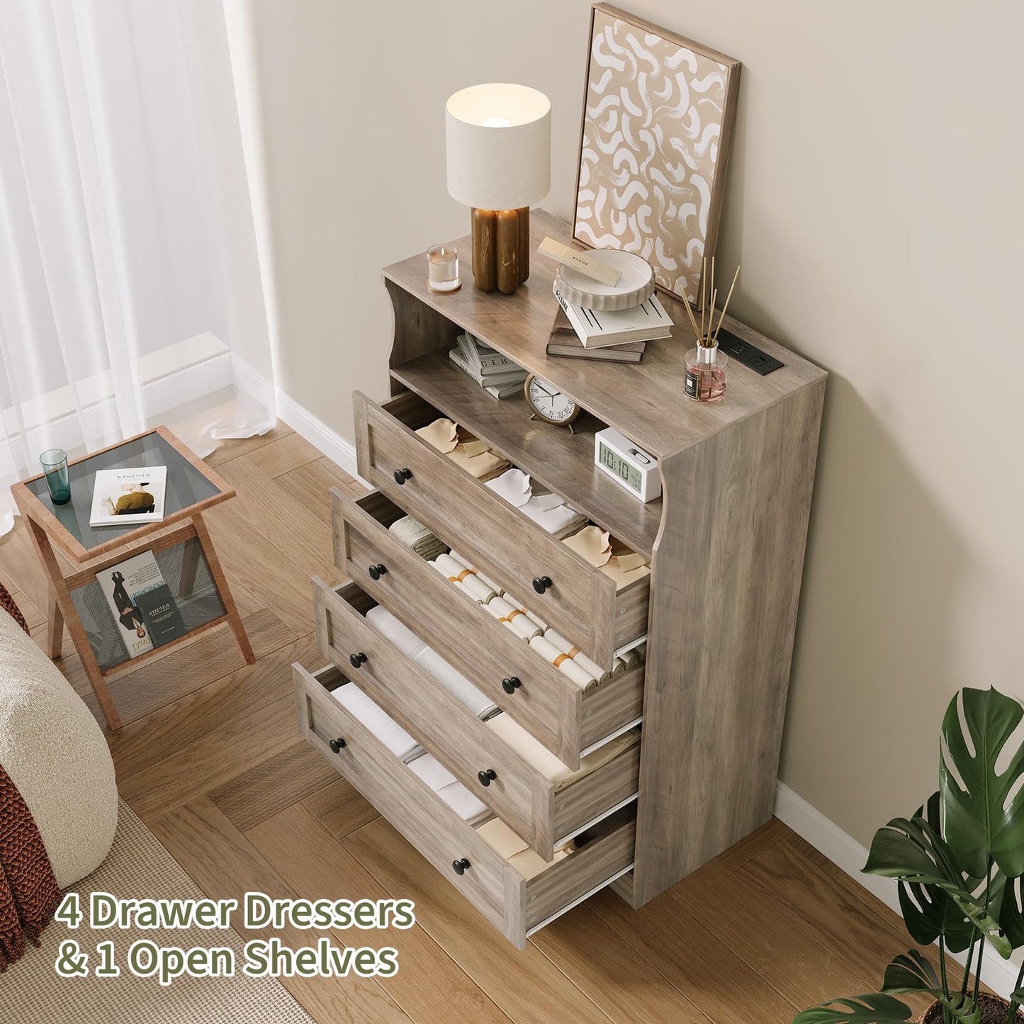 GarveeHome Tall Dressers with 4 Drawer Storage and LED Lights, Gray Wood Chest of Drawers with Charging Station for Bedroom, Living Room, Closet, Hallway, Wooden Nightstand Dresser for Bedside