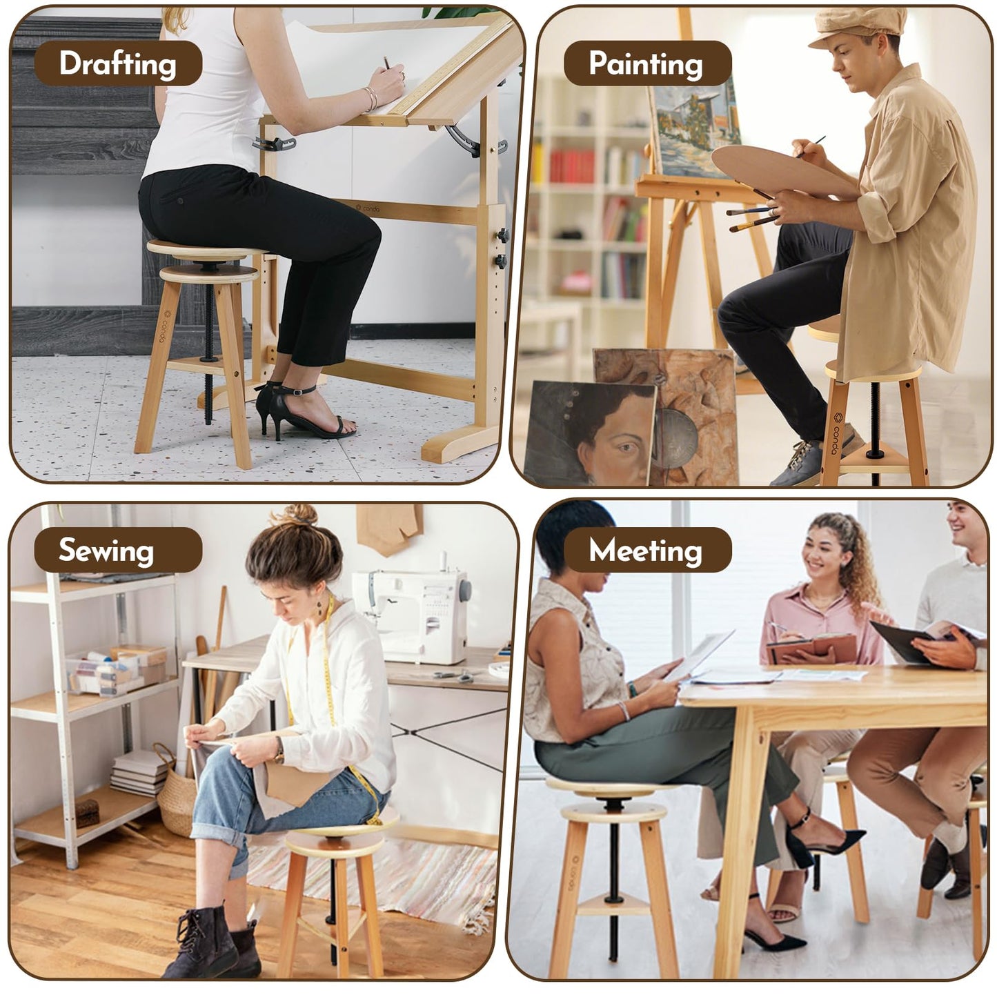 conda Adjustable Height Wooden Drafting Stool 20" to 25", Beech Wood Artist Stool for Drafting, Painting, Office, Studio, Kitchen, Bar, and Home Use