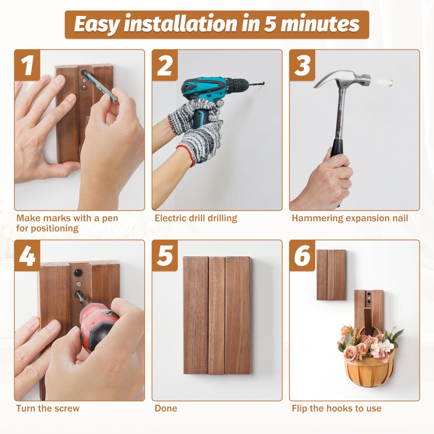 KYIAANY Foldable Wall Hooks 2Pack: Rustic Wooden Coat Hooks Mounted for Heavy Duty Hanging Hats Bags Beach Towels, Space Saving Minimalist Design for Aesthetic Homeowner