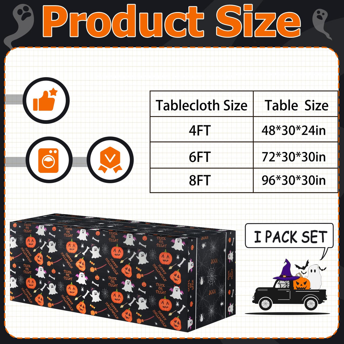xbaiyanr 6FT Halloween Tablecloth,Pumpkin Spider Web Ghost Table Cloth for Halloween Party Decorations,Table Decor Indoor Outdoor Birthday Party Supplies(Black)