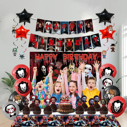 Mtgluk Horror Birthday Party Decorations Kit – 38 Pcs Halloween Themed Supplies with Banner, Backdrop, Tablecloth, Balloons & Cake Toppers for Spooky Celebrations