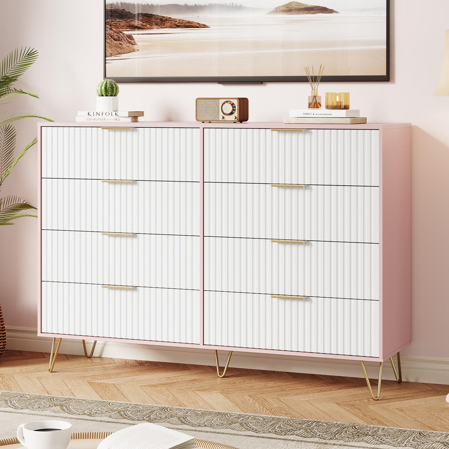 GarveeHome Fluted Dresser for Bedroom with 8 Drawers,55" Wide Modern Chest of Wooden Bedroom Chest with Metal Handle,Clothes Storage Organizer,Dresser & TV Stand for Living Room,PIink