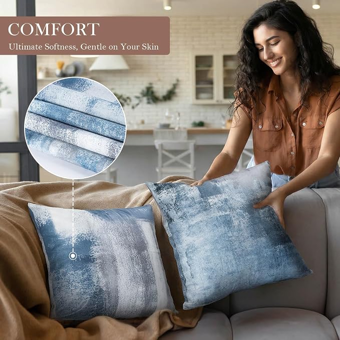 Set of 4 Blue and Grey Abstract Art Artwork Pillow Cover 18 x 18 Inch, Gallery Modern Decorative Throw Pillows Cushion Cover for Bedroom Sofa Living Room